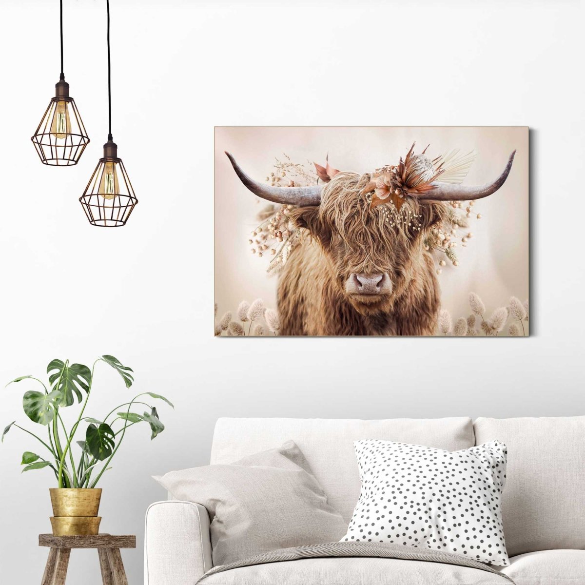 Schilderij Highlander in bloemen 90x60 - Reinders