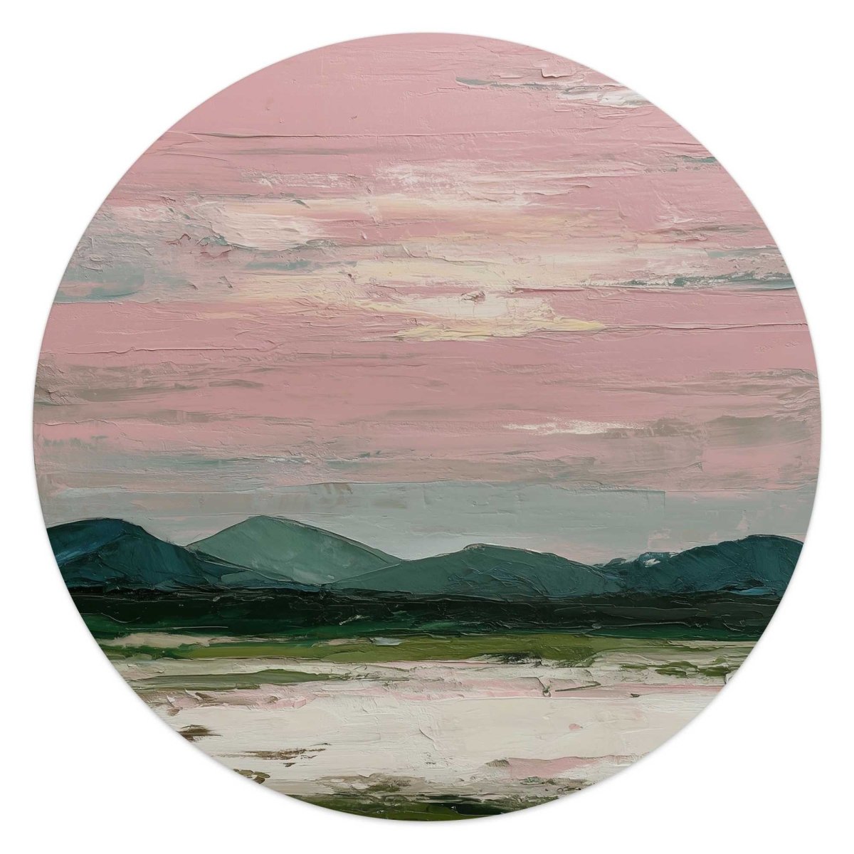 Glasschilderij Bergen in roze wolken II 50 Rond - Reinders