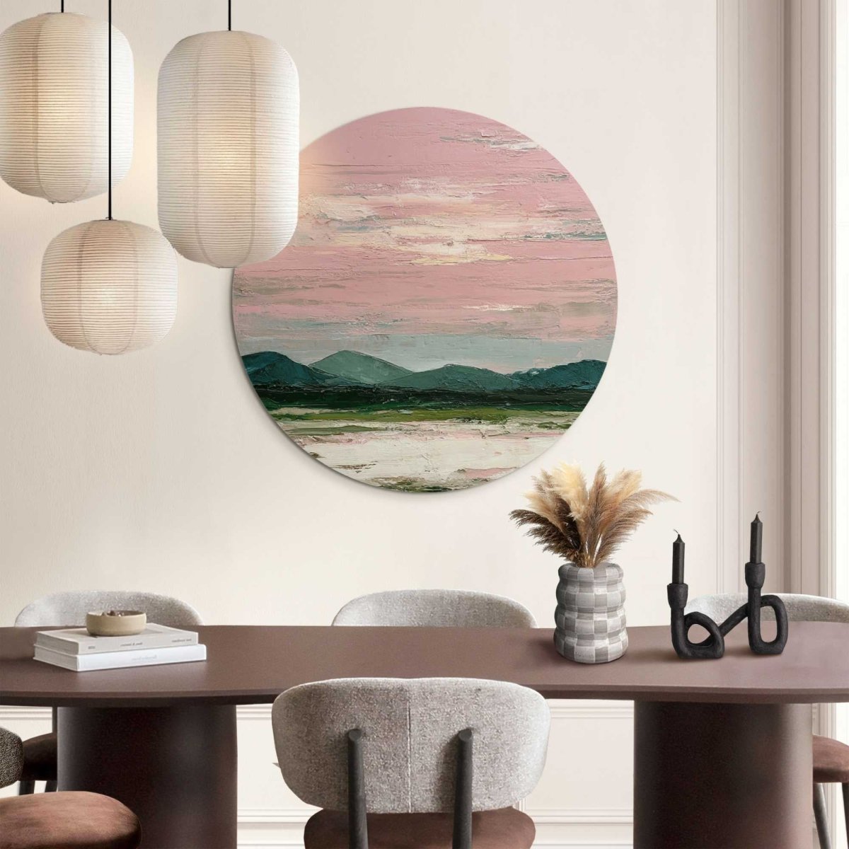 Glasschilderij Bergen in roze wolken II 70 Rond - Reinders