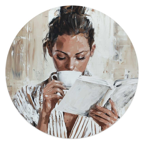 Glasbild Morgenkaffee mit einem Buch I 50 Rund