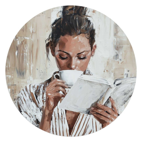 Glasbild Morgenkaffee mit einem Buch I 70 Rund