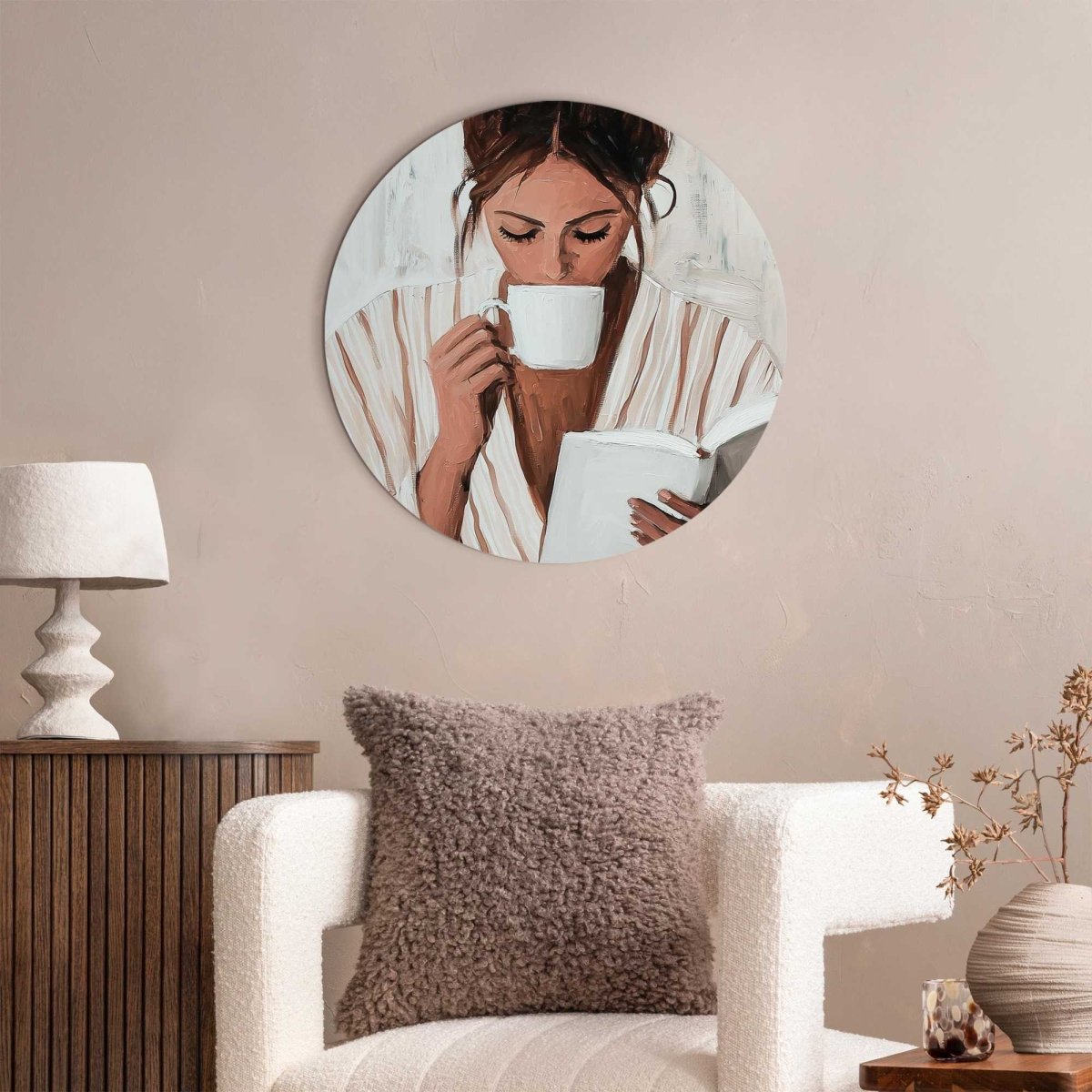 Glasschilderij Ochtendkoffie met een Boek II 50 Rond - Reinders
