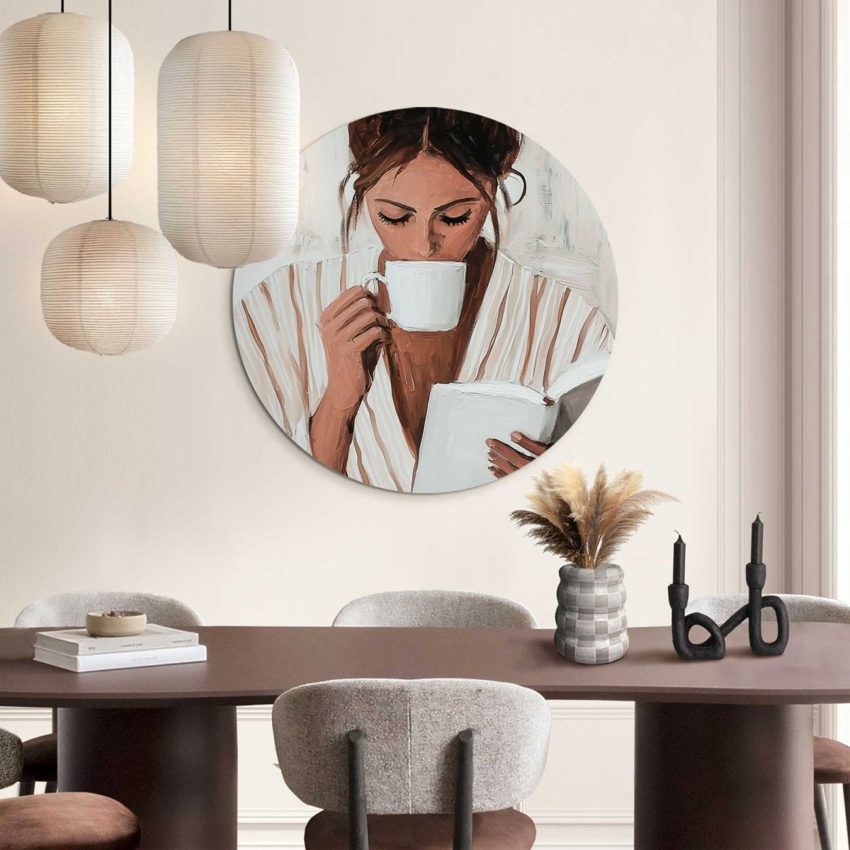 Glasschilderij Ochtendkoffie met een Boek II 70 Rond - Reinders