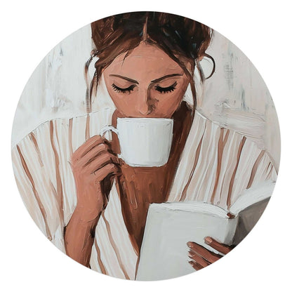 Glasschilderij Ochtendkoffie met een Boek II 70 Rond - Reinders
