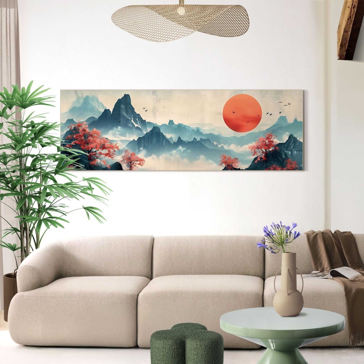 Schilderij Japanse bergen 52x156 - Framed Panel - Reinders