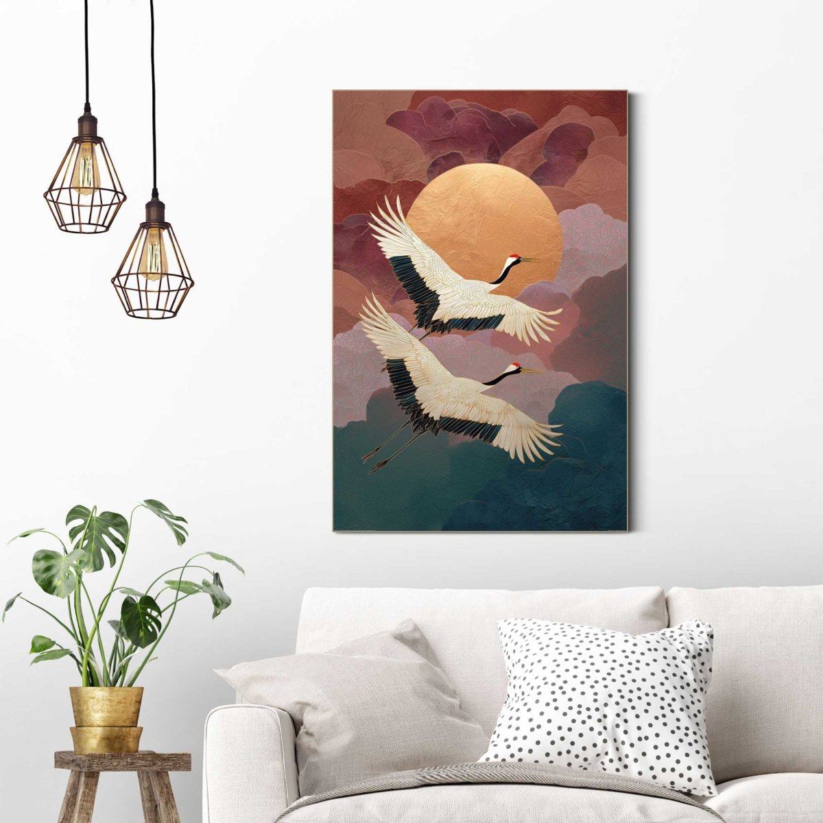 Schilderij Vliegende Kraanvogels 60x90 - Framed Panel - Reinders