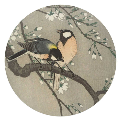 Glasbild Ohara Koson Kohlmeisen auf Blütenzweig 70 Rund