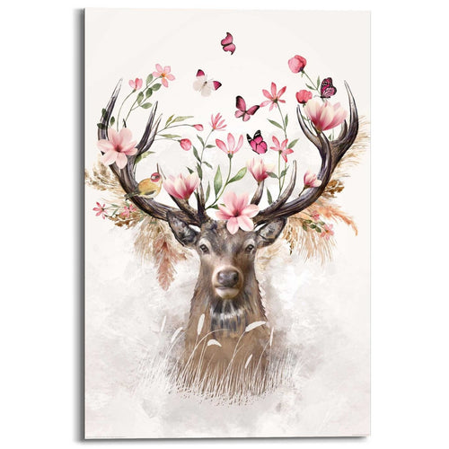 Wandbild Hirsch in Blumen 90x60